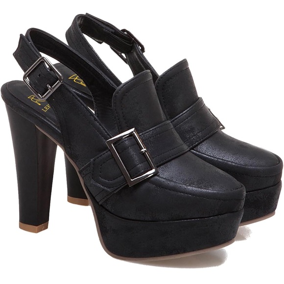 Vintage Chunky Platform Loafer Shoes Closed Round Toe Block High Heels Slingback - Picture 1 of 5